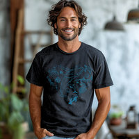Man wearing a black t-shirt with blue sea life graphic design in a casual indoor setting