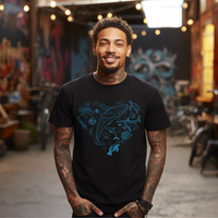 Man wearing a black t-shirt with a blue sea life graphic design in an urban setting with graffiti.