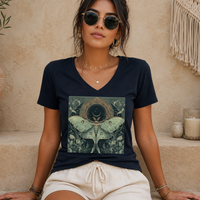 A woman wearing a navy blue v-neck t-shirt with a large graphic print of a moth in a tree, paired with cream drawstring shorts, sitting against a textured beige wall.