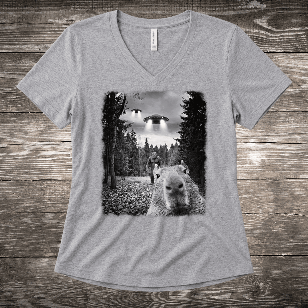 Capybara UFO Bigfoot women's relaxed fit short sleeve V-neck tee