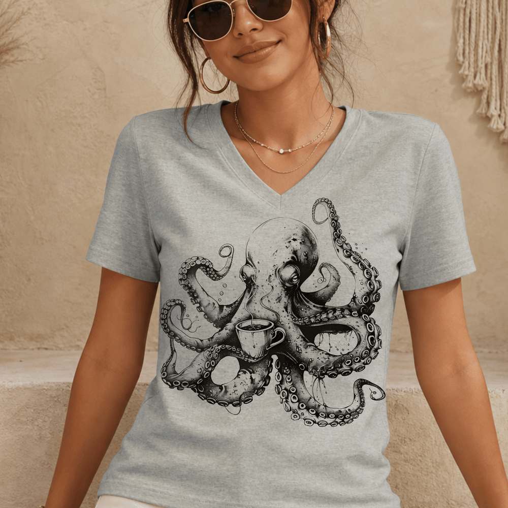 Octopus Coffee women's relaxed fit short sleeve V-neck tee