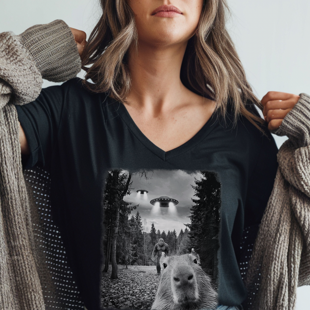 Capybara UFO Bigfoot women's relaxed fit short sleeve V-neck tee