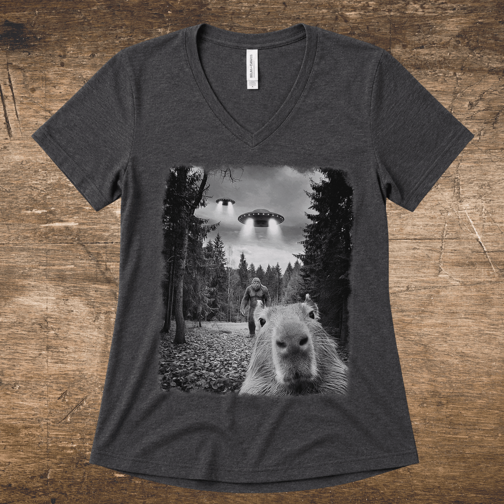 Capybara UFO Bigfoot women's relaxed fit short sleeve V-neck tee