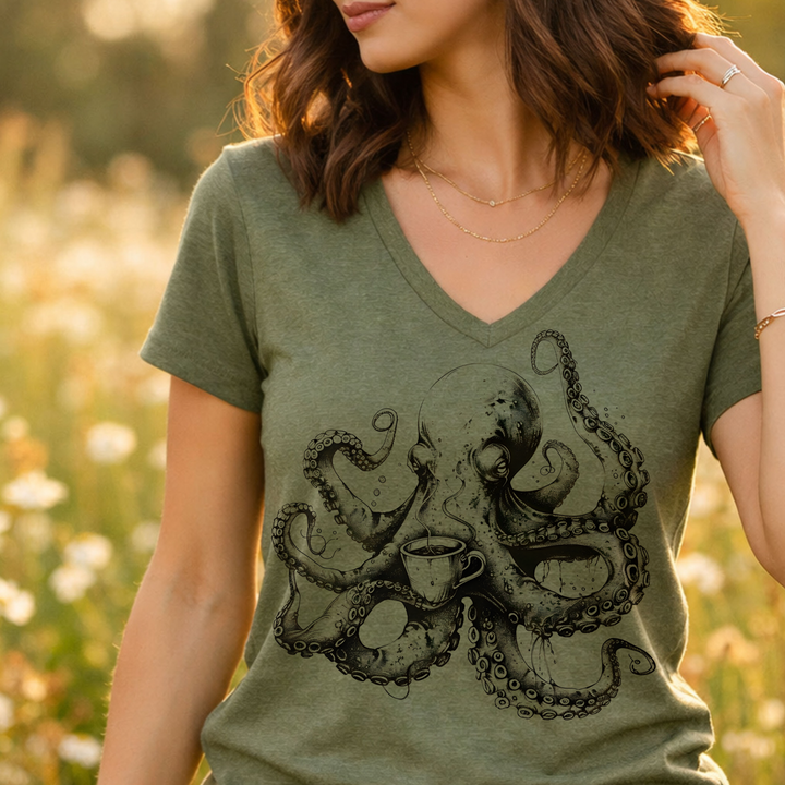 Octopus Coffee women's relaxed fit short sleeve V-neck tee