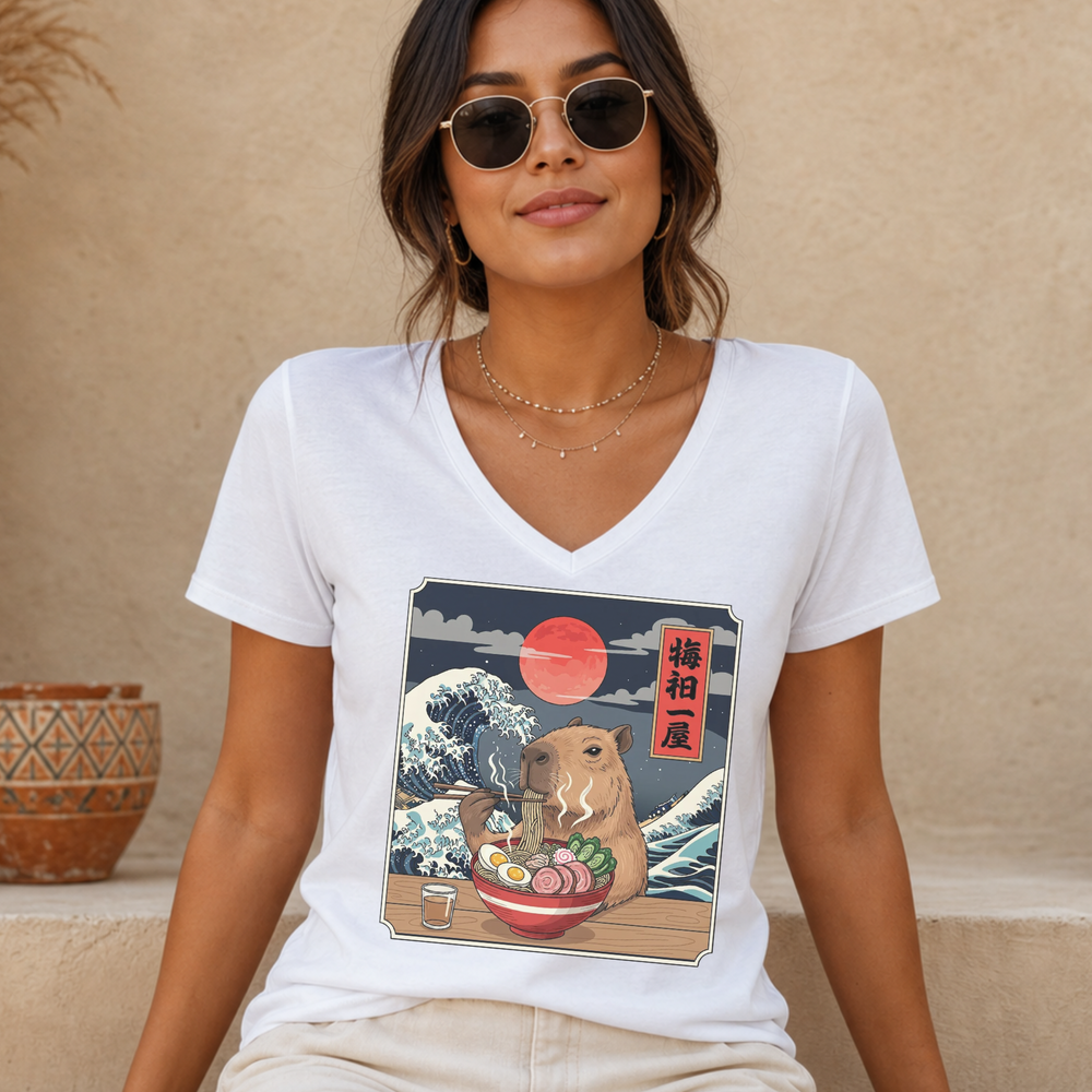 Capybara Ramen women's relaxed fit short sleeve V-neck tee