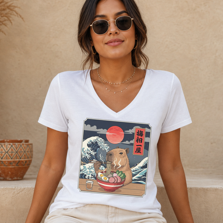 Capybara Ramen women's relaxed fit short sleeve V-neck tee
