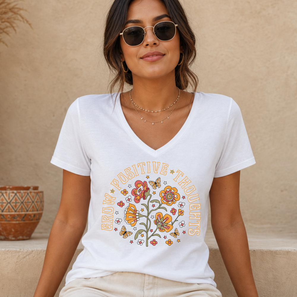 Grow Positive Thoughts women's relaxed fit short sleeve V-neck tee