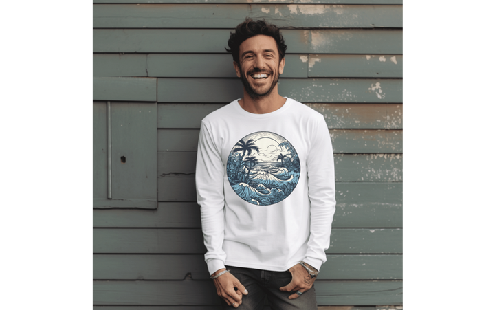 Laughing man wearing white long sleeve shirt with retro woodblock-style surf graphic.