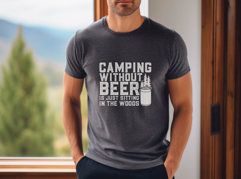 Man wearing short sleeve tee with white graphic: “Camping without beer is just sitting in the woods”.
