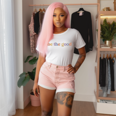 Young woman in short sleeve white tee with graphic which reads “Be The Good” in colorful letters.