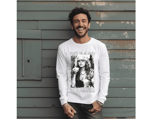 Man wearing white long sleeve tee, with Stevie Nicks graphic on it.