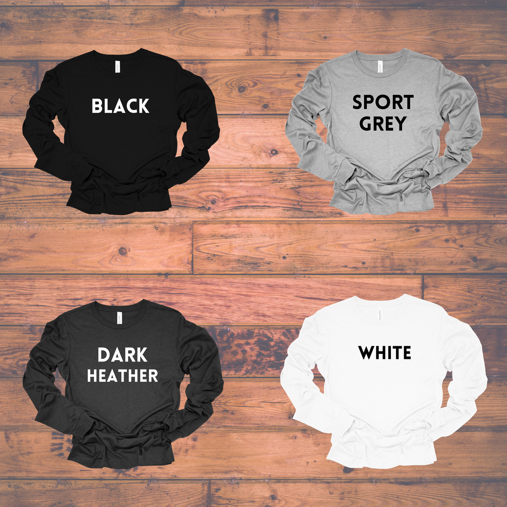 Long sleeve shirt color options (two greys, white, black)