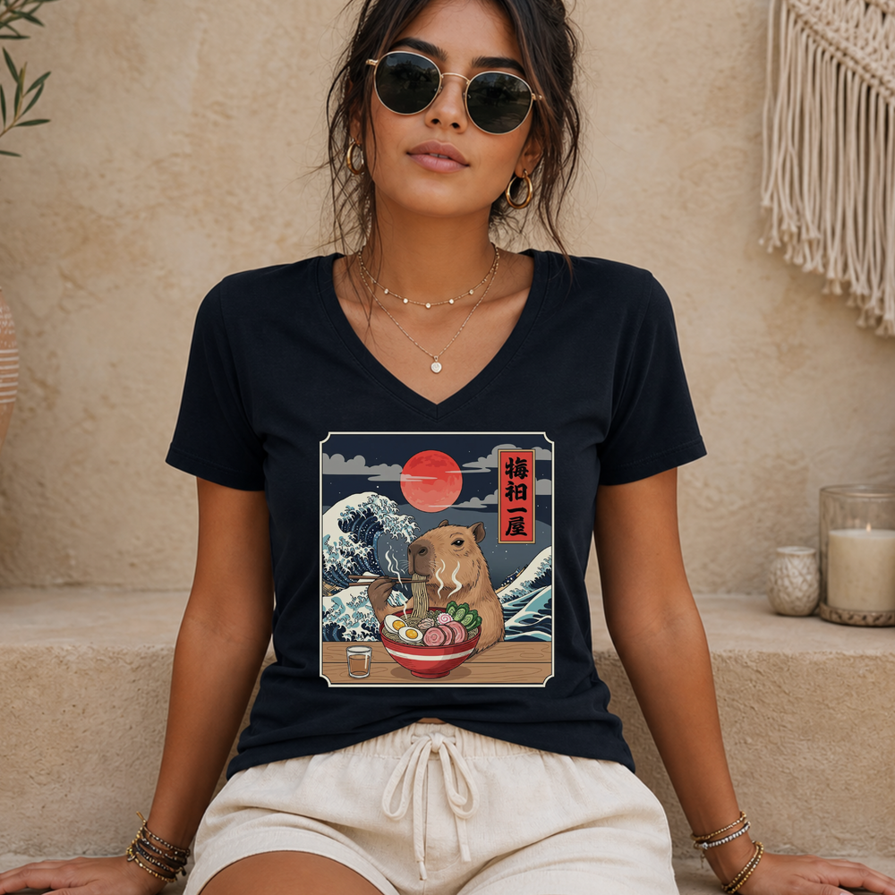 Capybara Ramen women's relaxed fit short sleeve V-neck tee
