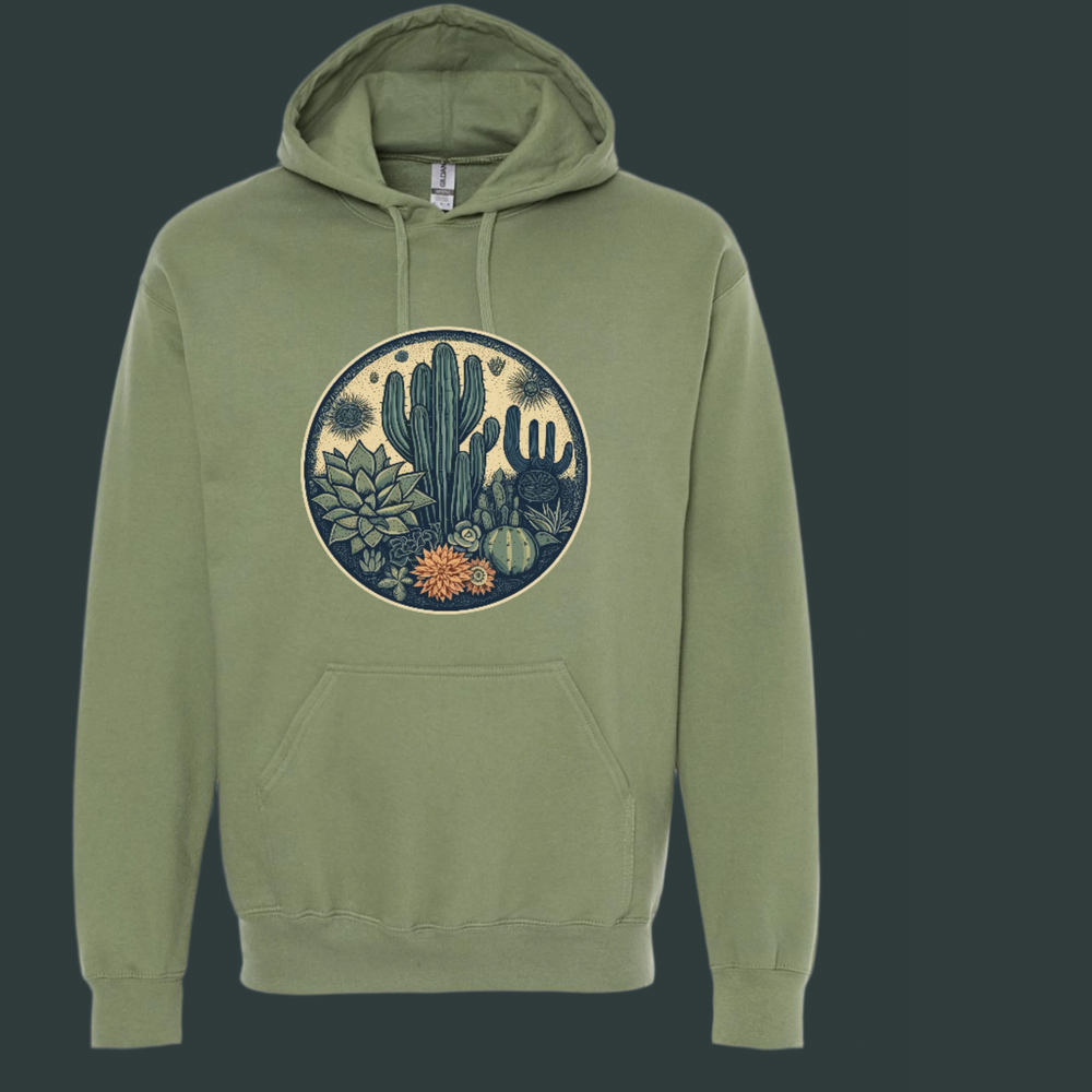 Green sweatshirt with desert plants graphic.