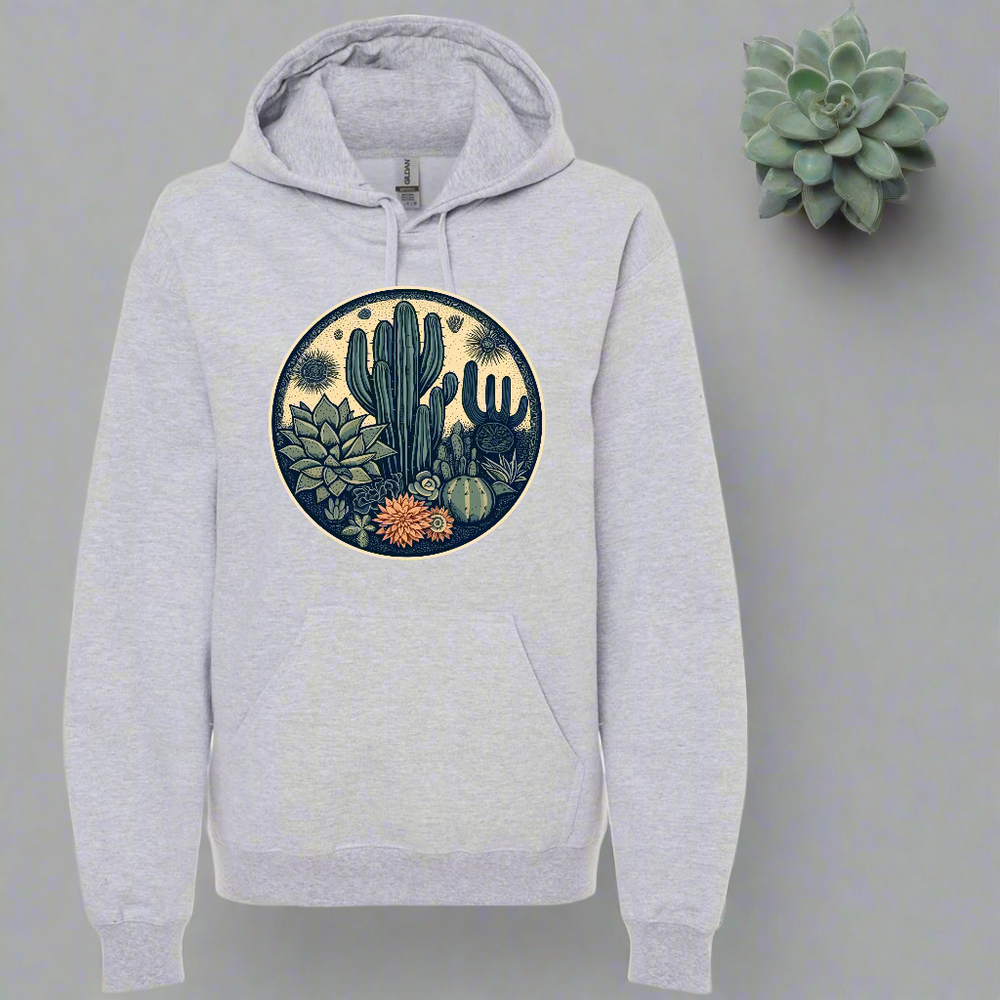 Light grey sweatshirt with desert plants graphic.