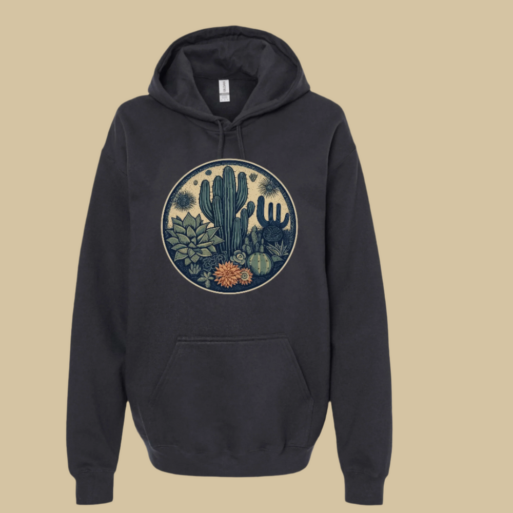 Dark grey sweatshirt with desert plants graphic.