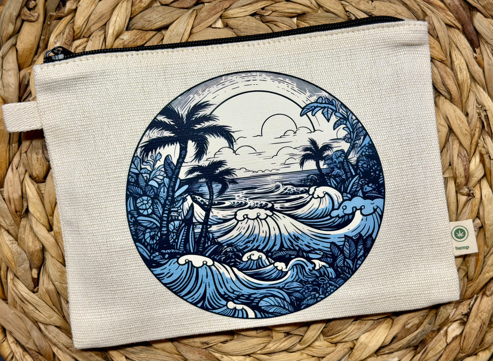 Retro Blue Surf zippered hemp pouch (natural)