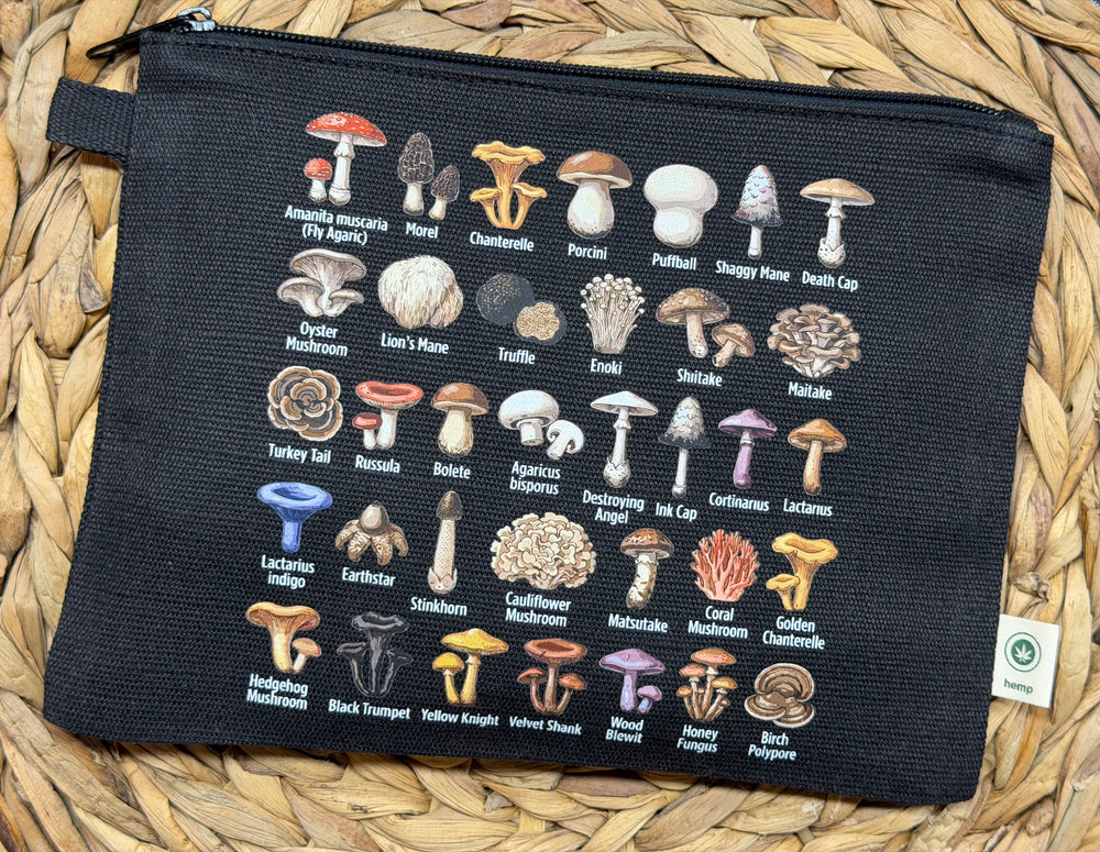 Mushroom Taxonomy zippered hemp pouch (black)