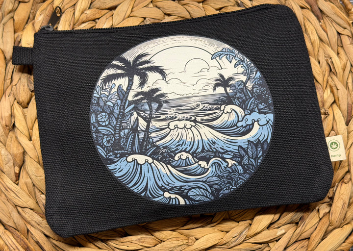 Retro Blue Surf zippered hemp pouch (black)