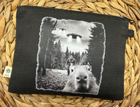 Capybara UFO and Bigfoot zippered hemp pouch (black)