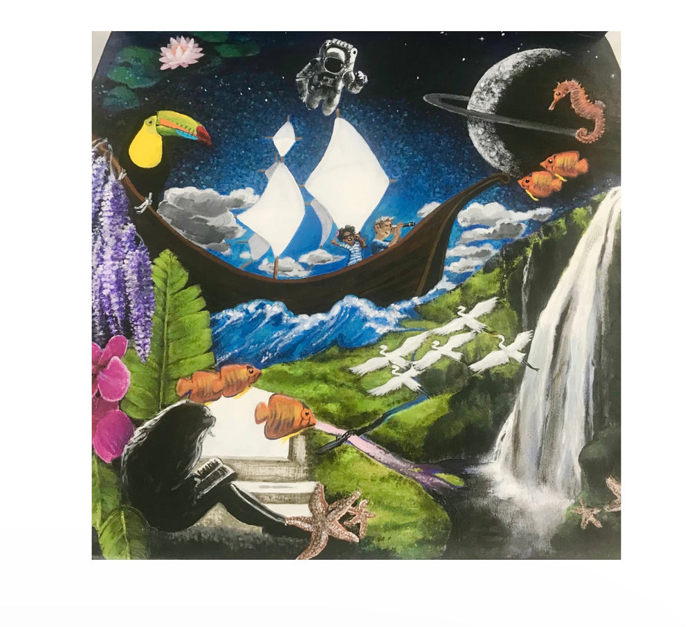 Original hand-painted fantastical scene of a young girl reading a book, while she’s enveloped by all kinds of wonderful things from her literary adventures: toucans, sailing ships with young kids in pajamas, sea horses, astronauts, star fish, orchids, a huge waterfall, a giant ringed planet, and more. Painting by Andrea Love, copyright 2019.