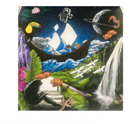 Original hand-painted fantastical scene of a young girl reading a book, while she’s enveloped by all kinds of wonderful things from her literary adventures: toucans, sailing ships with young kids in pajamas, sea horses, astronauts, star fish, orchids, a huge waterfall, a giant ringed planet, and more. Painting by Andrea Love, copyright 2019.