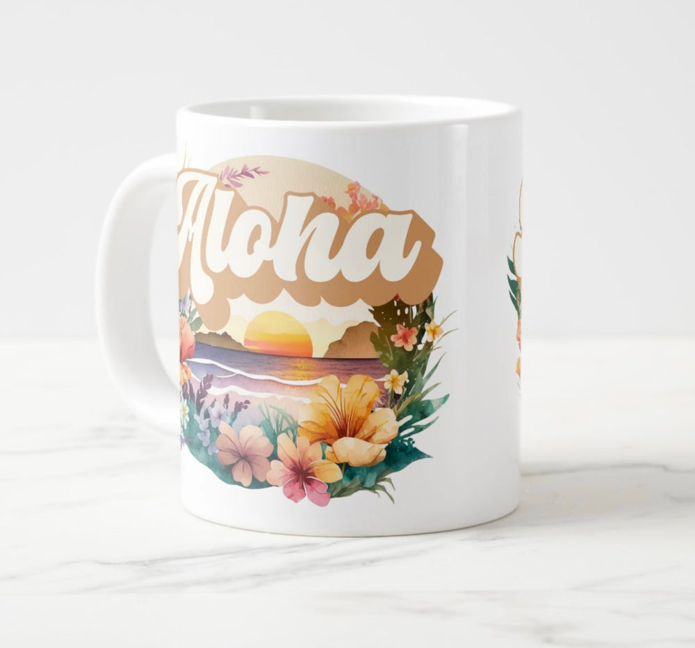 Large white mug with colorful sunset and flowers graphic with word “Aloha”.