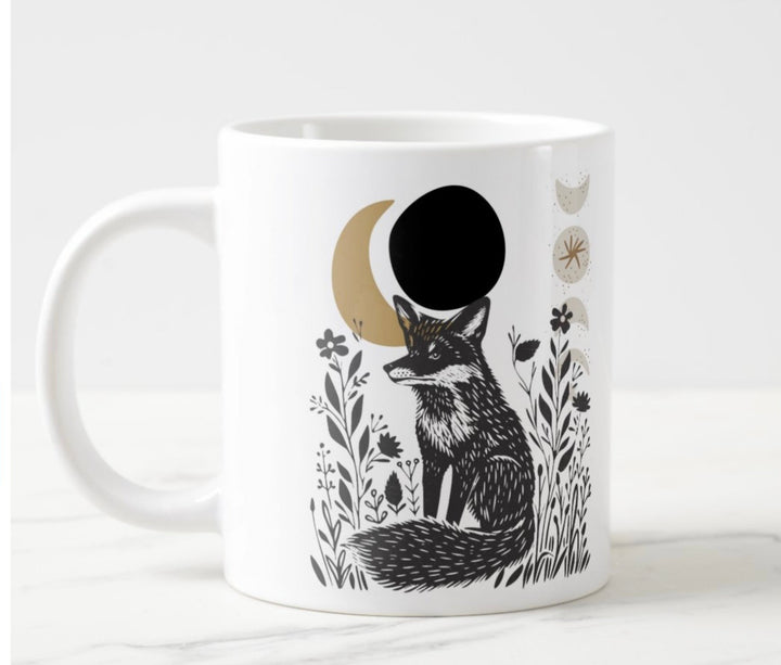 Large white mug featuring a fox and crescent moon graphic.