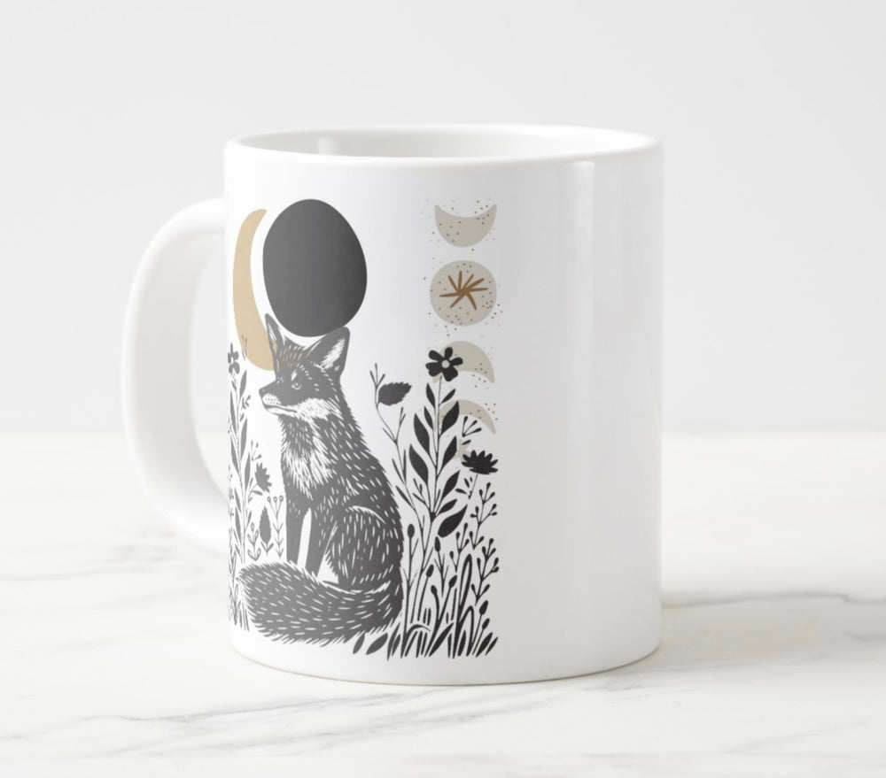 Large white mug featuring a fox and crescent moon graphic.