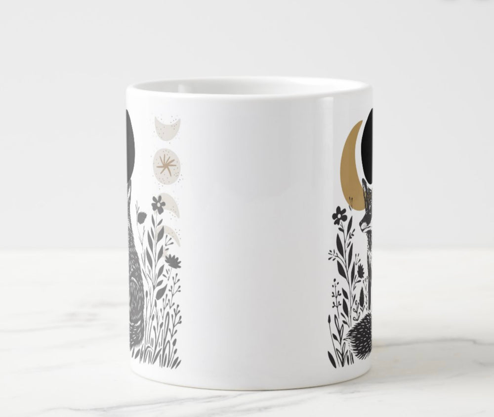 Large white mug featuring a fox and crescent moon graphic.