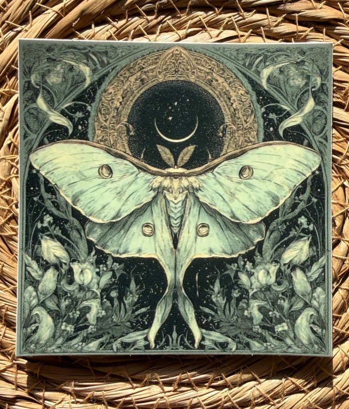 A square vinyl sticker featuring a detailed illustration of a large pale green luna moth centered against a dark starry background with a crescent moon and ornate floral motifs, placed on a woven straw surface.