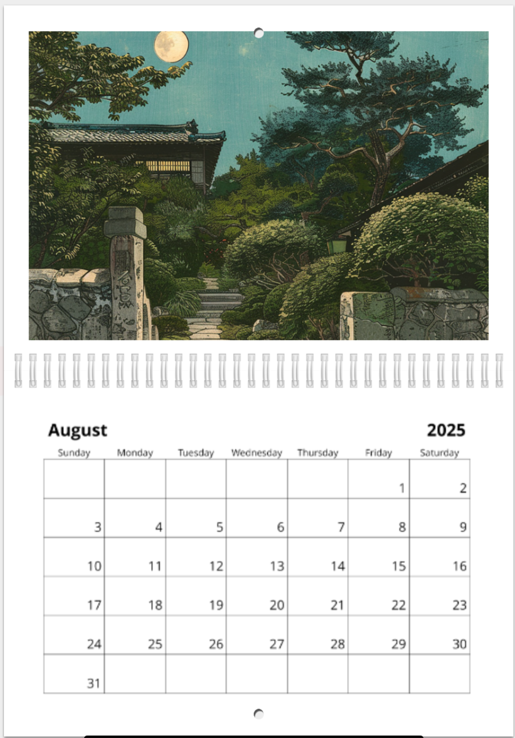 Japanese Woodblock 2025 wall calendar