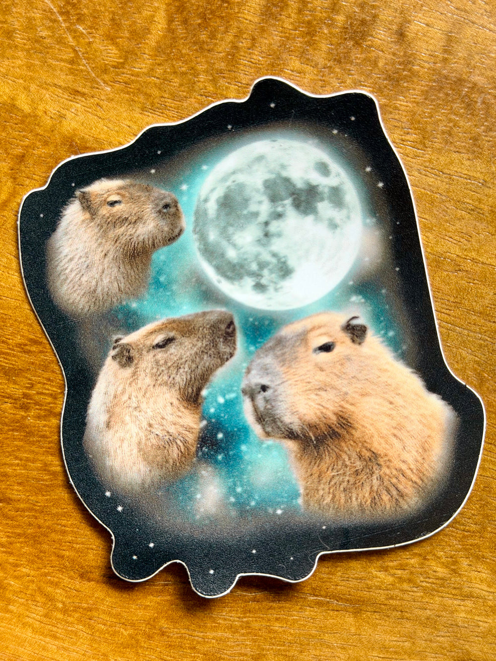A die-cut sticker featuring three capybara animals looking up at a large full moon against a starry teal and black space background, placed on a wooden surface.