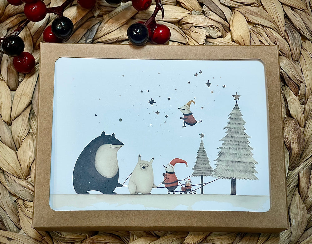 Illustration of animals with Christmas trees and berries on a woven mat