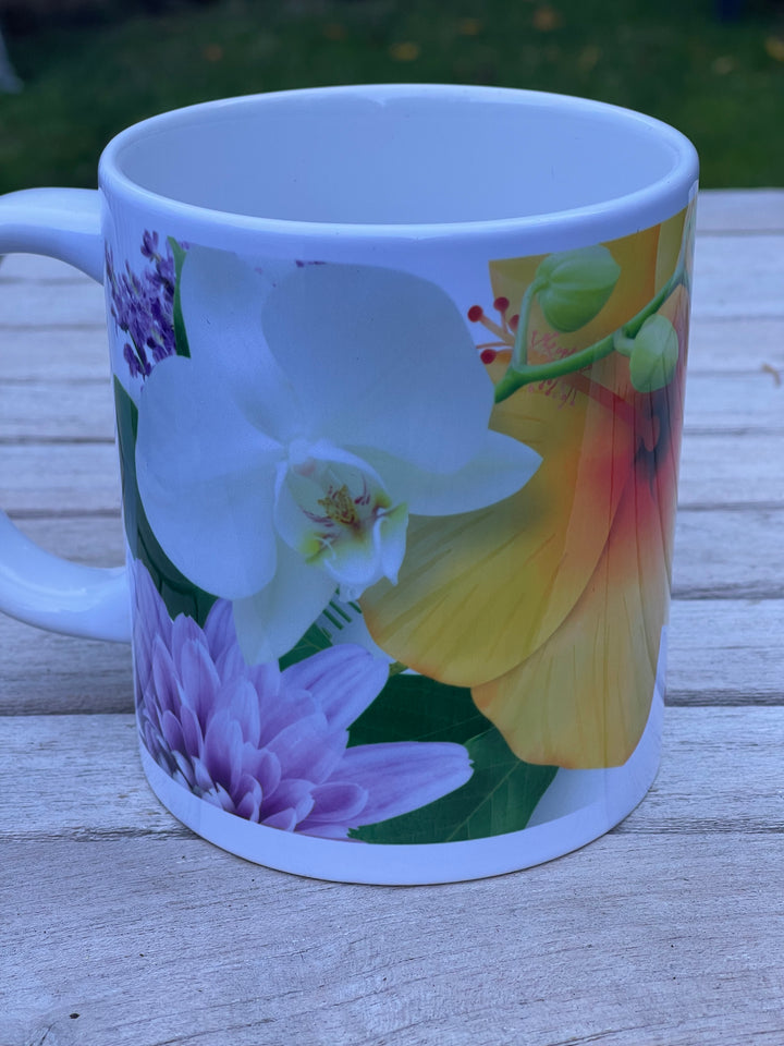Mug with floral design on a wooden surface