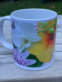 Mug with floral design on a wooden surface