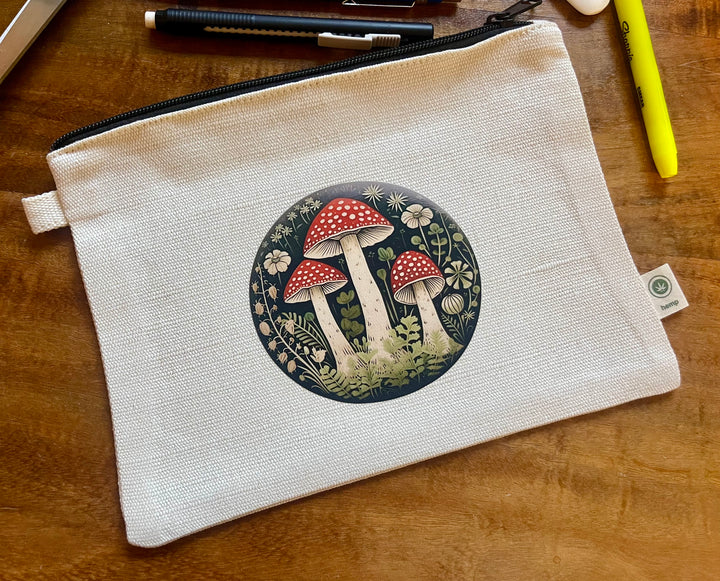 Red Mushroom Trio zippered hemp pouch (natural)