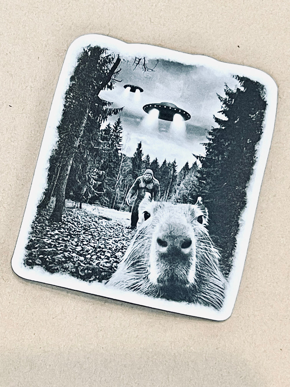 Sticker with capybara, UFO, and Sasquatch on a beige background