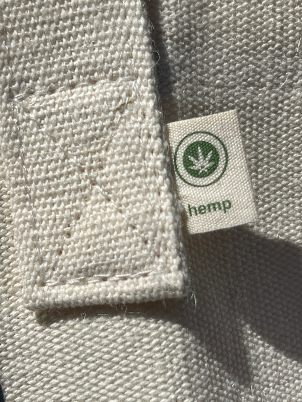Closeup of “hemp” label on tote bag.