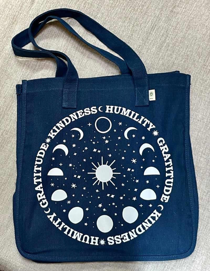 Kindness Humility Gratitude hemp-blend tote (navy)