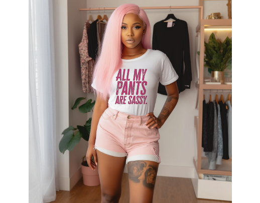 Young woman wearing a short sleeve white tee with “All My Pants Are Sassy” graphic.