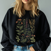 Person wearing a black sweatshirt with floral designs on a plain background