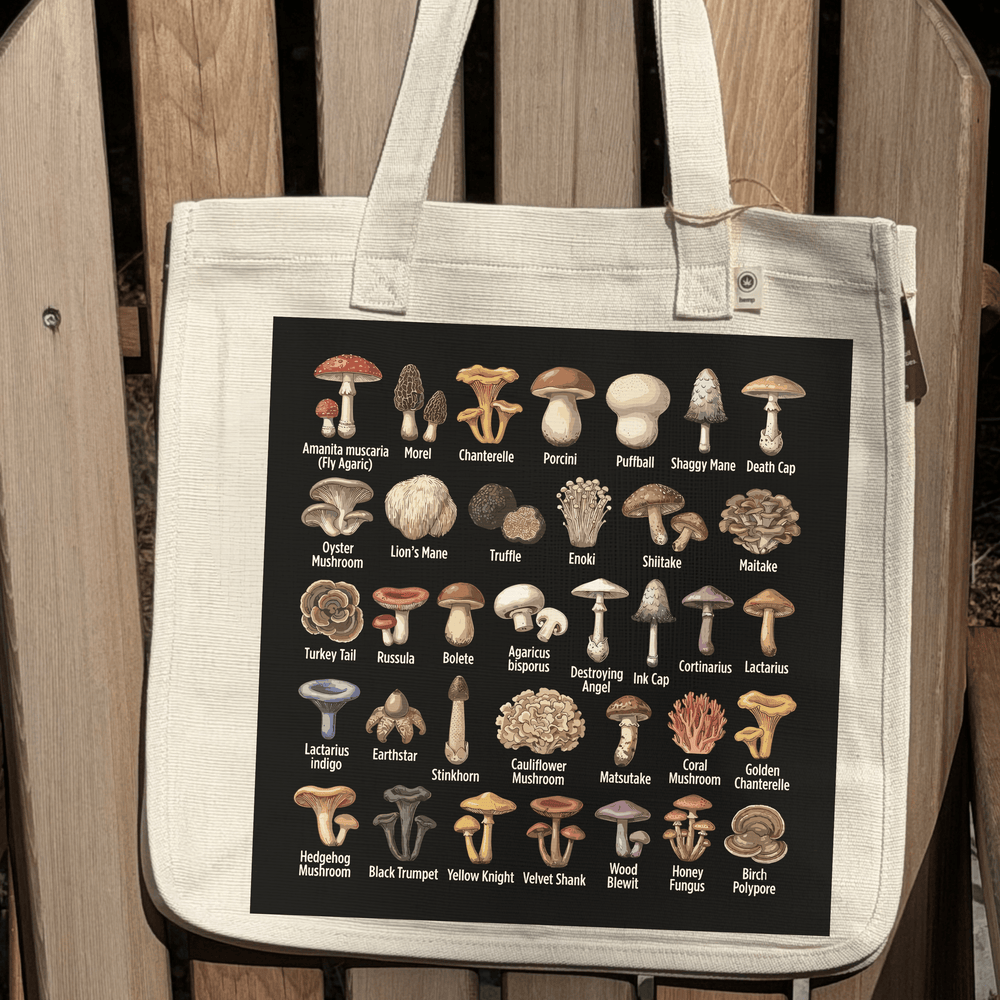 A beige canvas tote bag with white shoulder straps, featuring a large black square print on the front showcasing 30 different illustrated mushroom species with their names written below. The bag is photographed leaning against a rustic wooden chair.