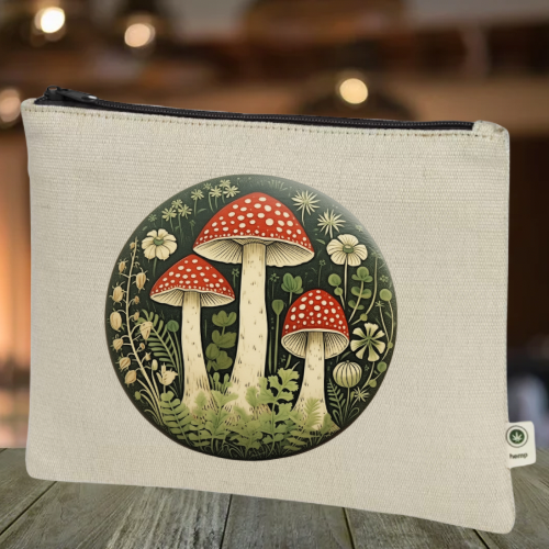 Red Mushroom Trio zippered hemp pouch (natural)